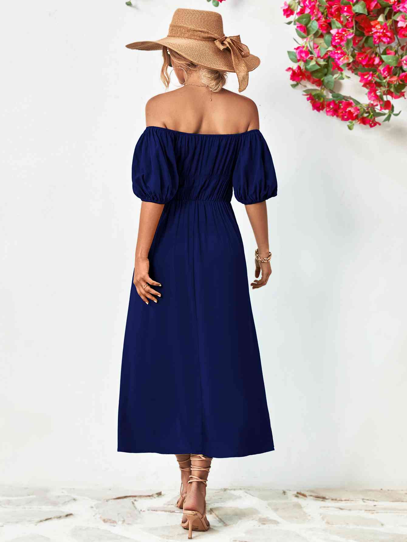 Off-Shoulder Balloon Sleeve Midi Dress - Athleuse