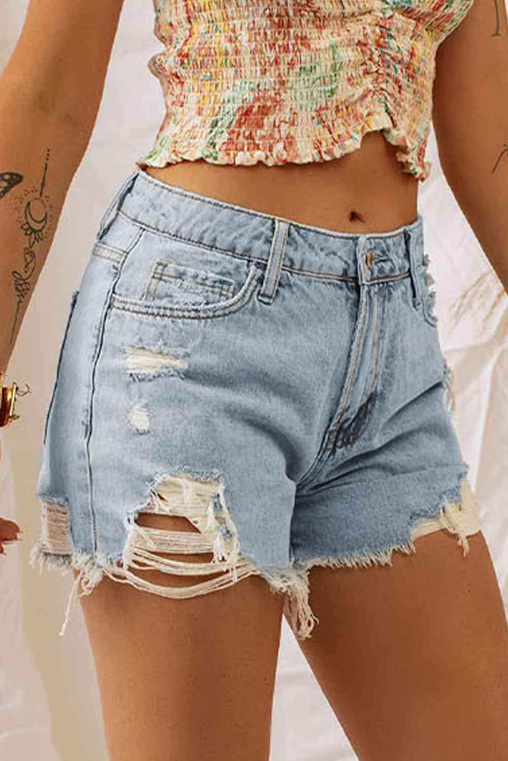 Distressed Denim Shorts - Athleuse