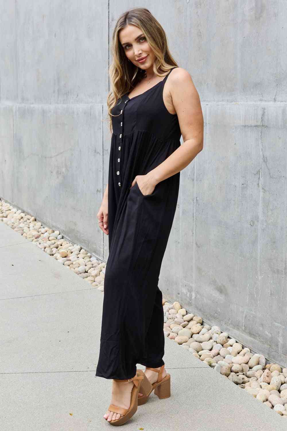 HEYSON All Day Full Size Wide Leg Button Down Jumpsuit in Black - Athleuse