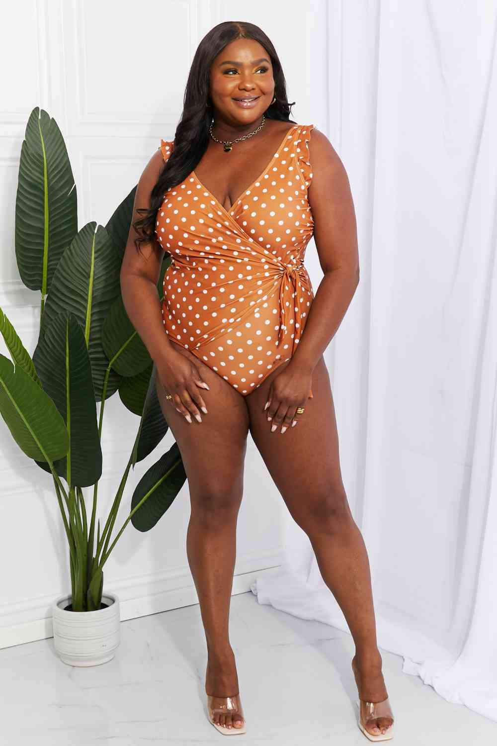 Marina West Swim Full Size Float On Ruffle Faux Wrap One-Piece in Terracotta - Athleuse