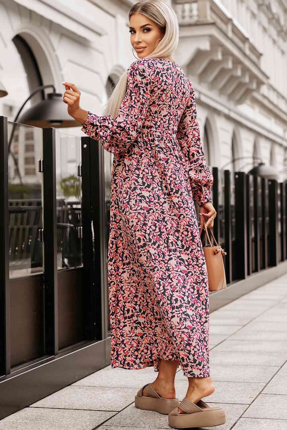 Printed V-Neck Long Sleeve Maxi Dress - Athleuse