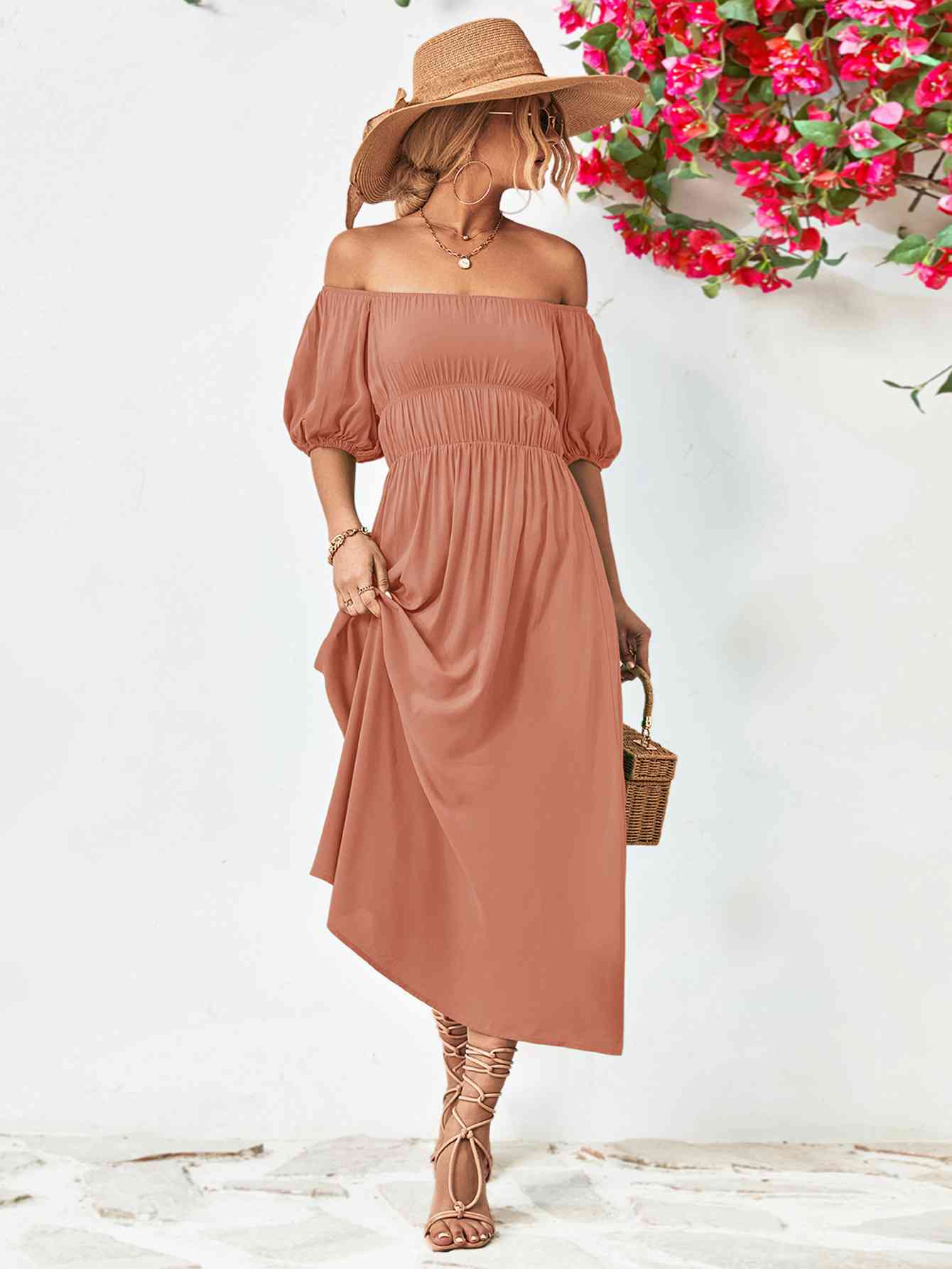 Off-Shoulder Balloon Sleeve Midi Dress - Athleuse