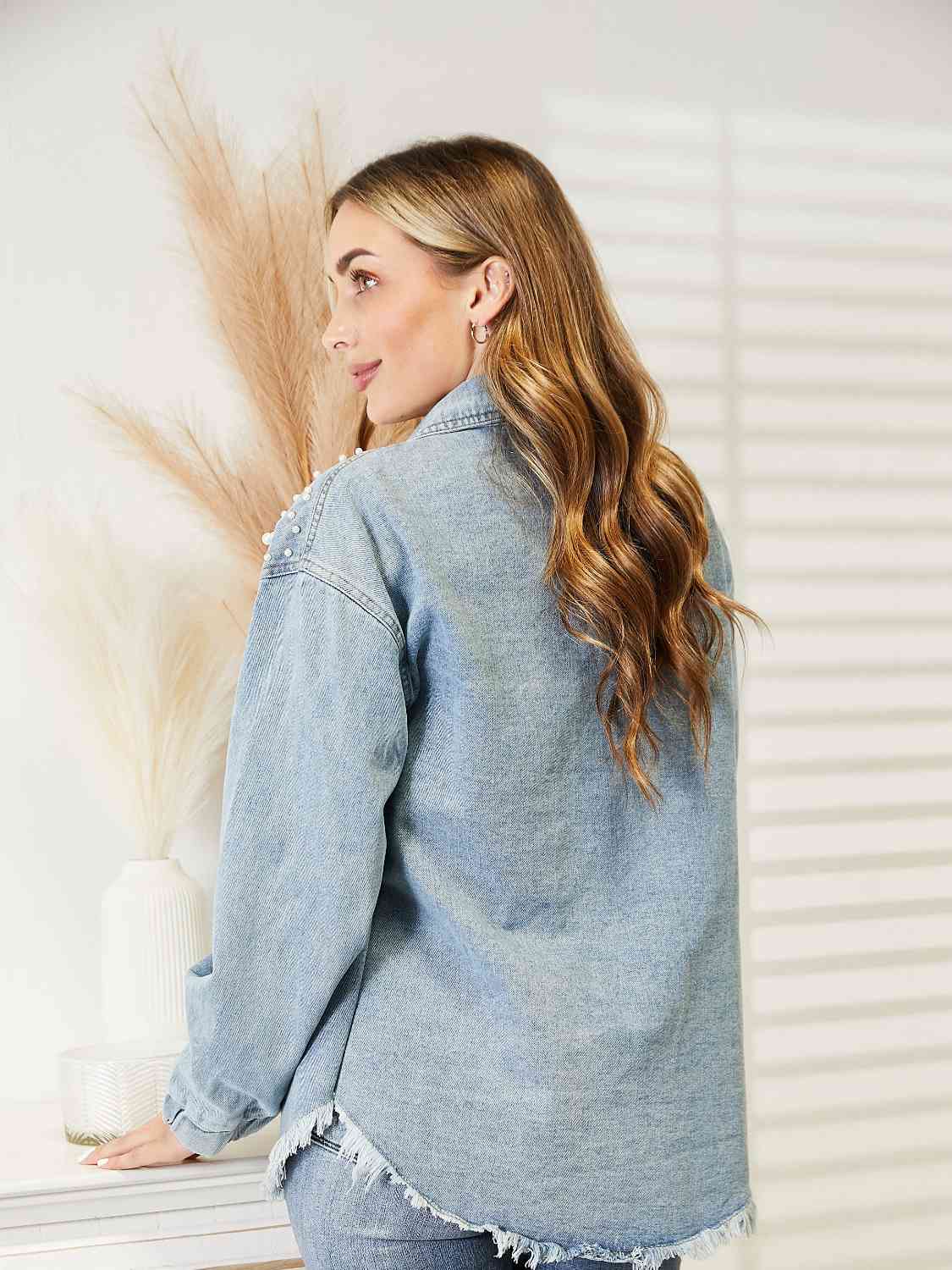 Collared Neck Raw Hem Dropped Shoulder Denim Jacket - Athleuse