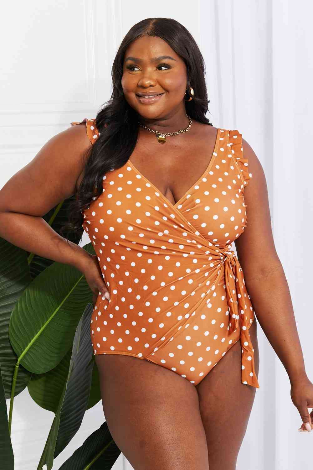 Marina West Swim Full Size Float On Ruffle Faux Wrap One-Piece in Terracotta - Athleuse