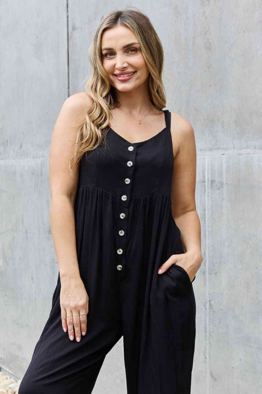 HEYSON All Day Full Size Wide Leg Button Down Jumpsuit in Black - Athleuse