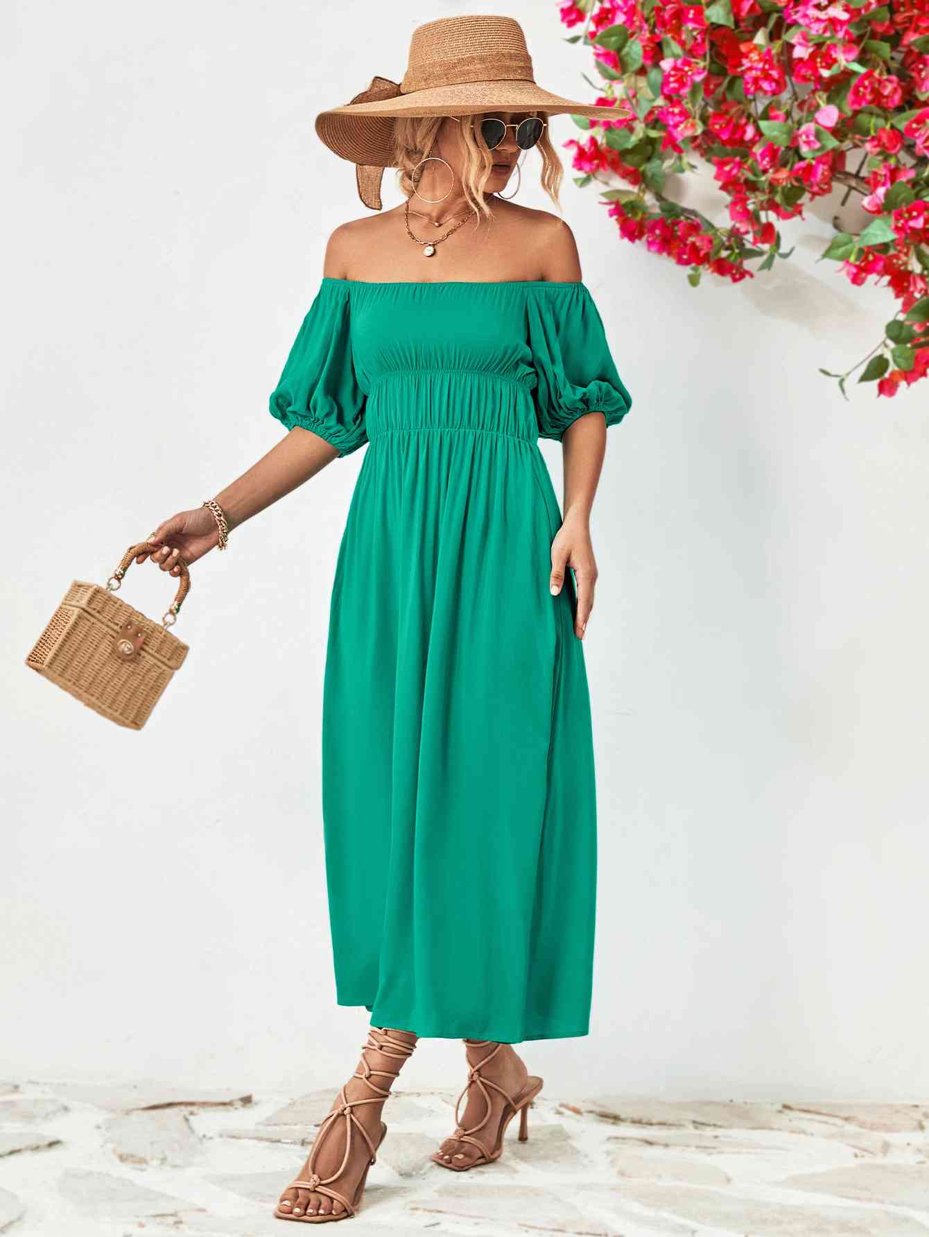 Off-Shoulder Balloon Sleeve Midi Dress - Athleuse