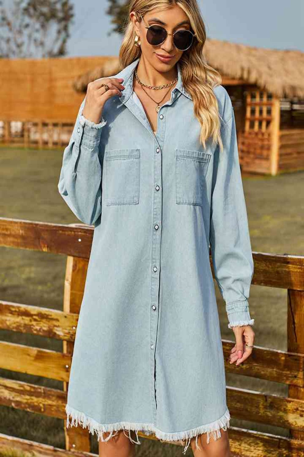 Raw Hem Collared Denim Dress - Athleuse