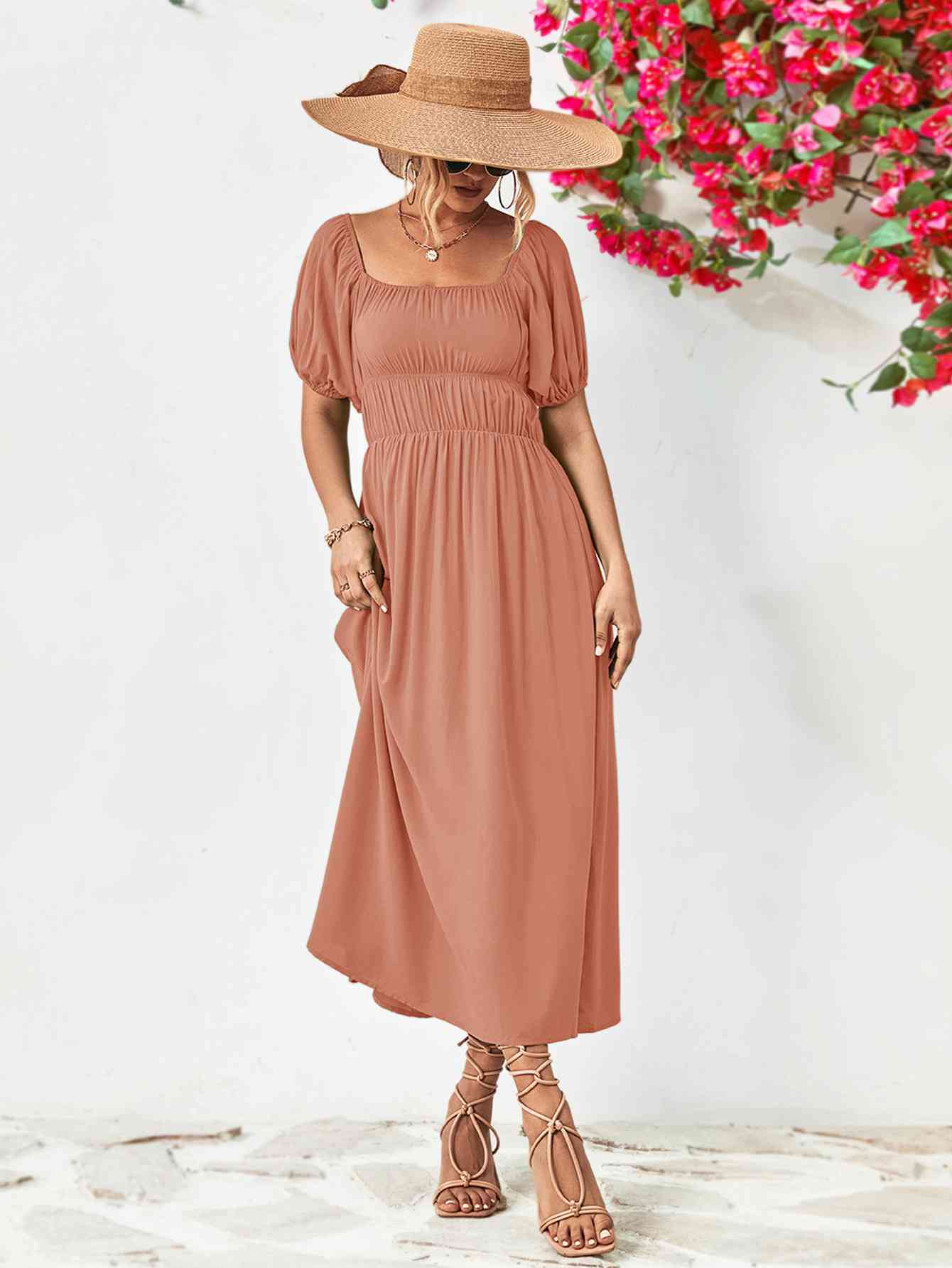 Off-Shoulder Balloon Sleeve Midi Dress - Athleuse