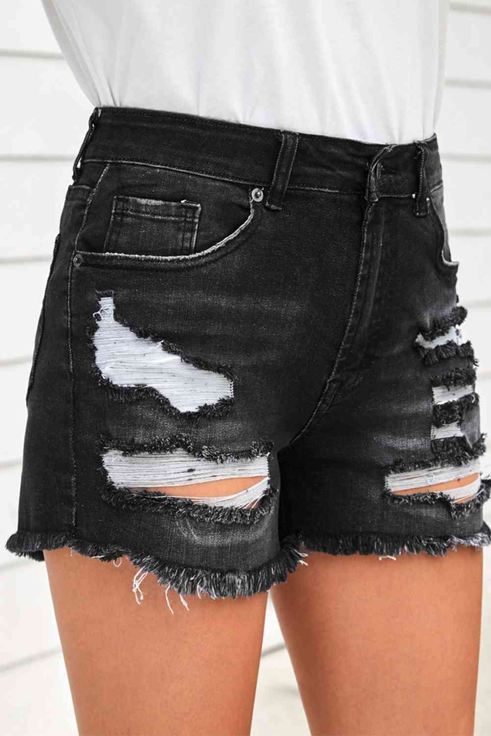 Raw Hem Distressed Denim Shorts with Pockets - Athleuse