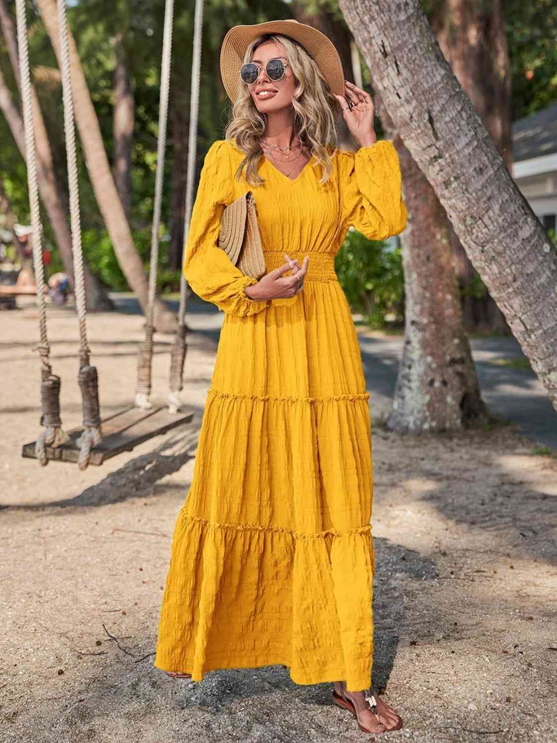 Smocked Waist V-Neck Maxi Dress - Athleuse