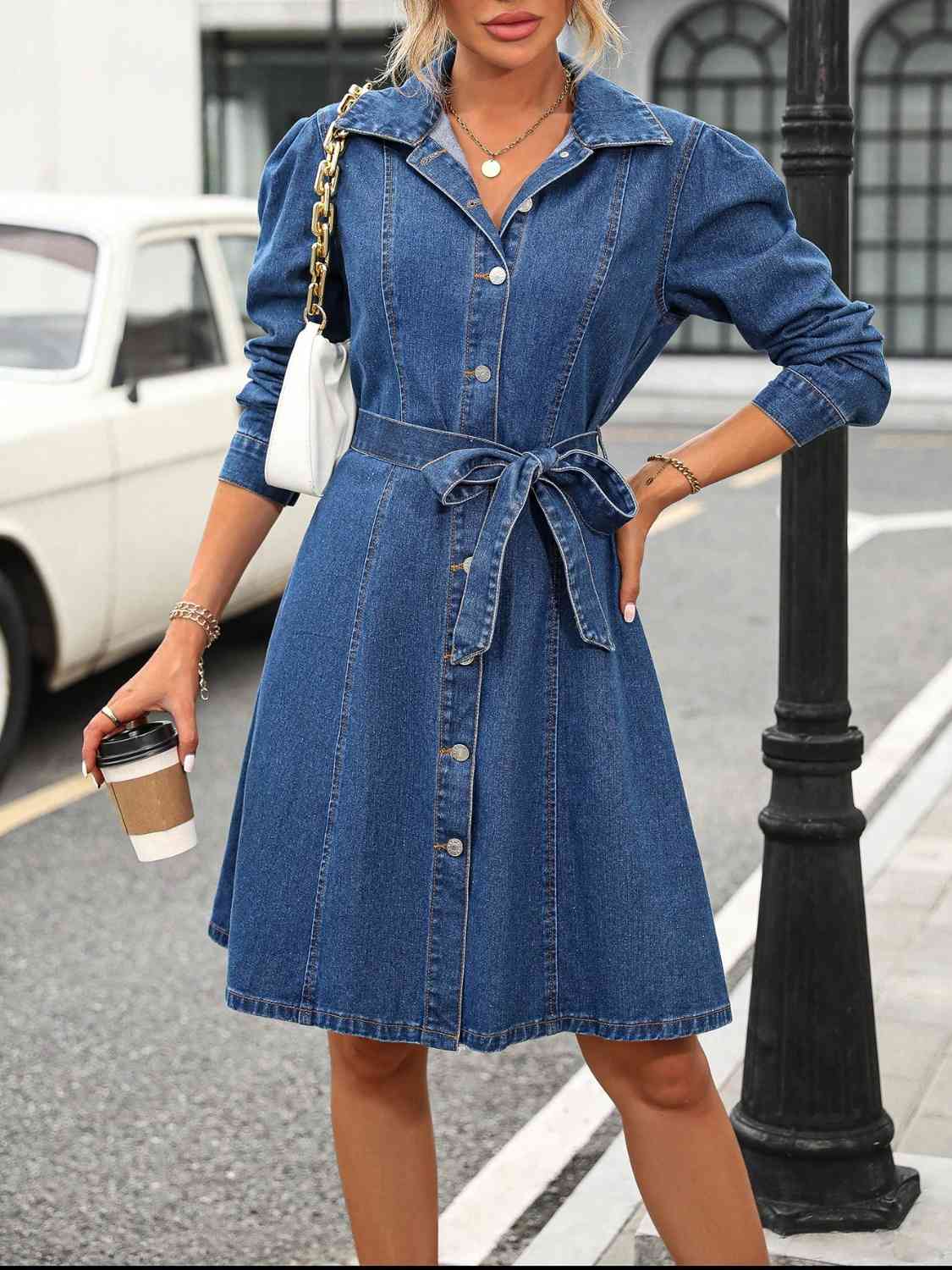 Button Down Long Sleeve Denim Dress - Athleuse