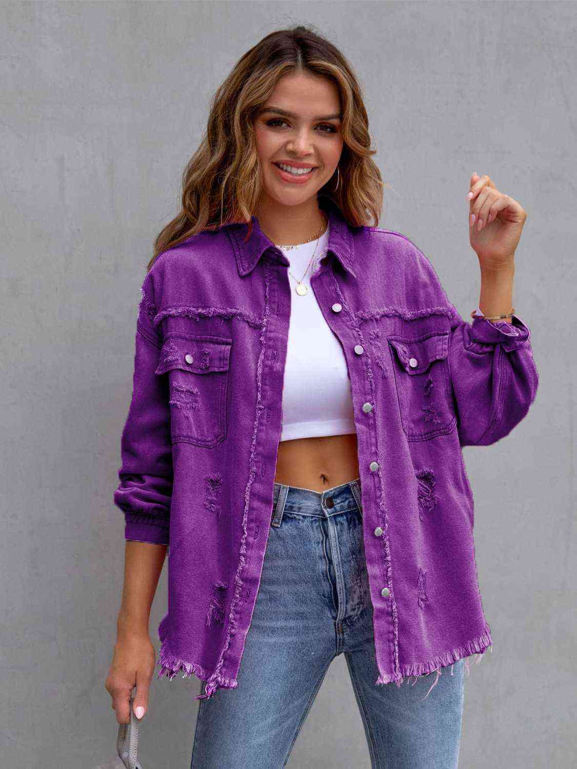 Distressed Drop Shoulder Denim Jacket - Athleuse