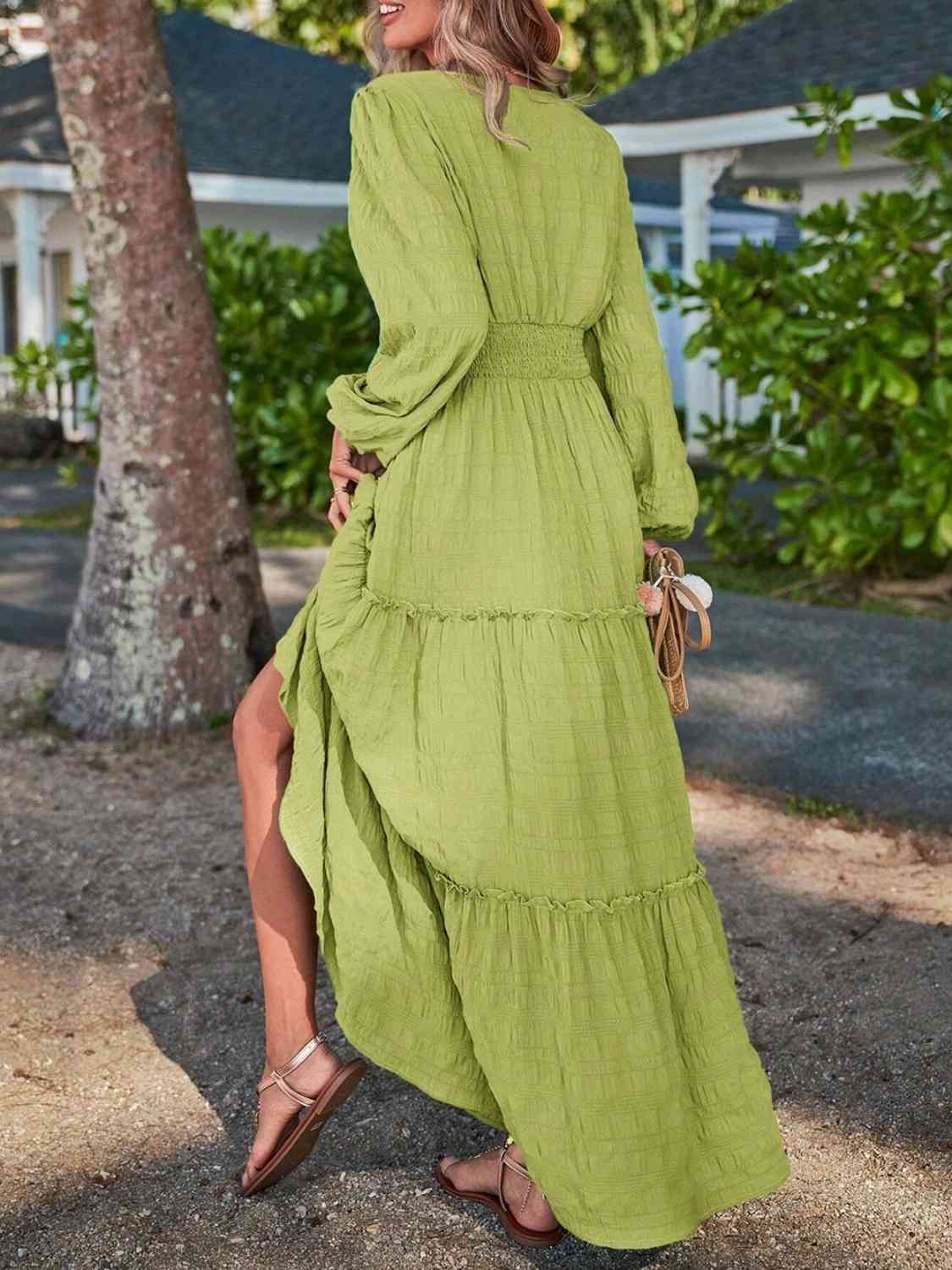 Smocked Waist V-Neck Maxi Dress - Athleuse