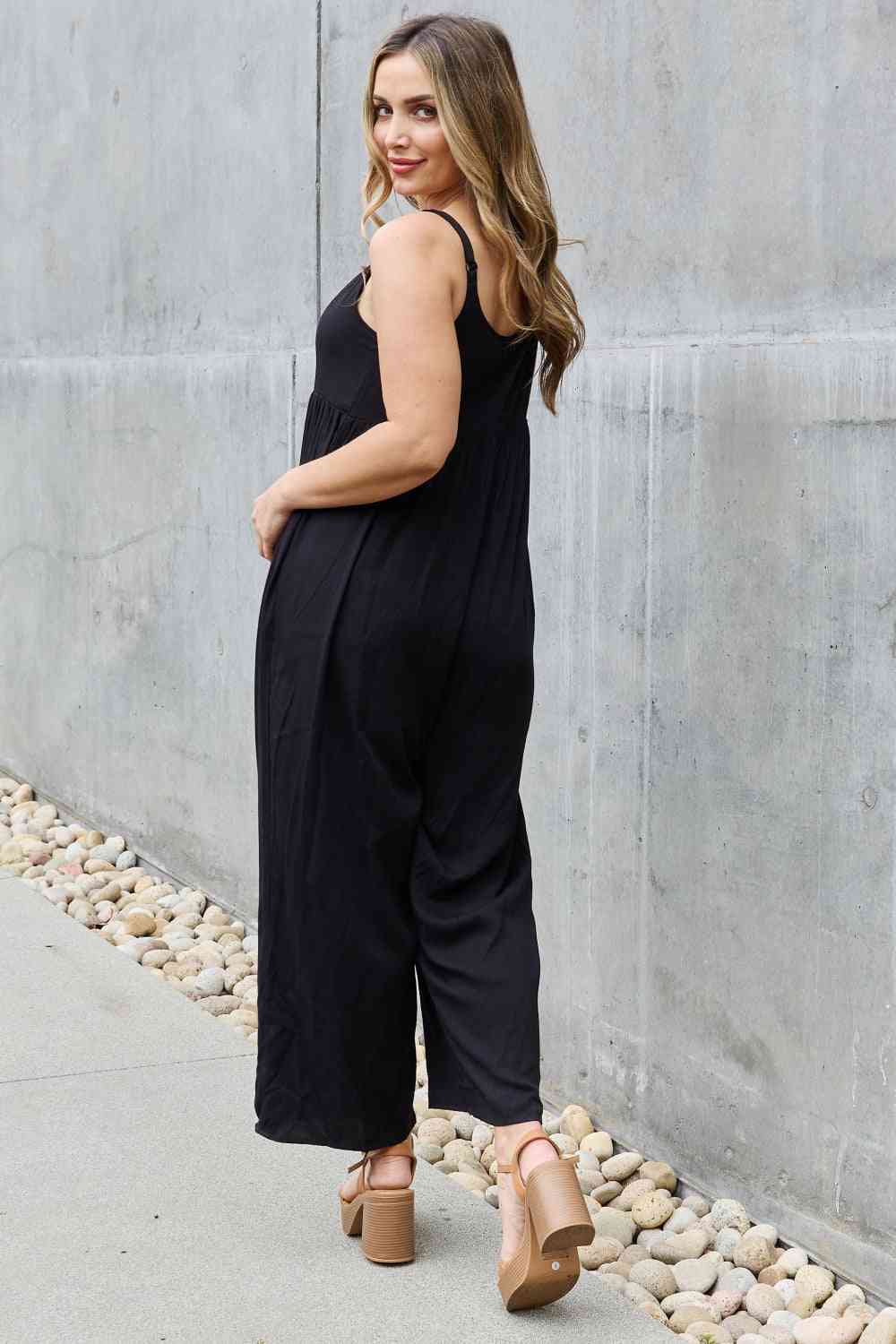 HEYSON All Day Full Size Wide Leg Button Down Jumpsuit in Black - Athleuse