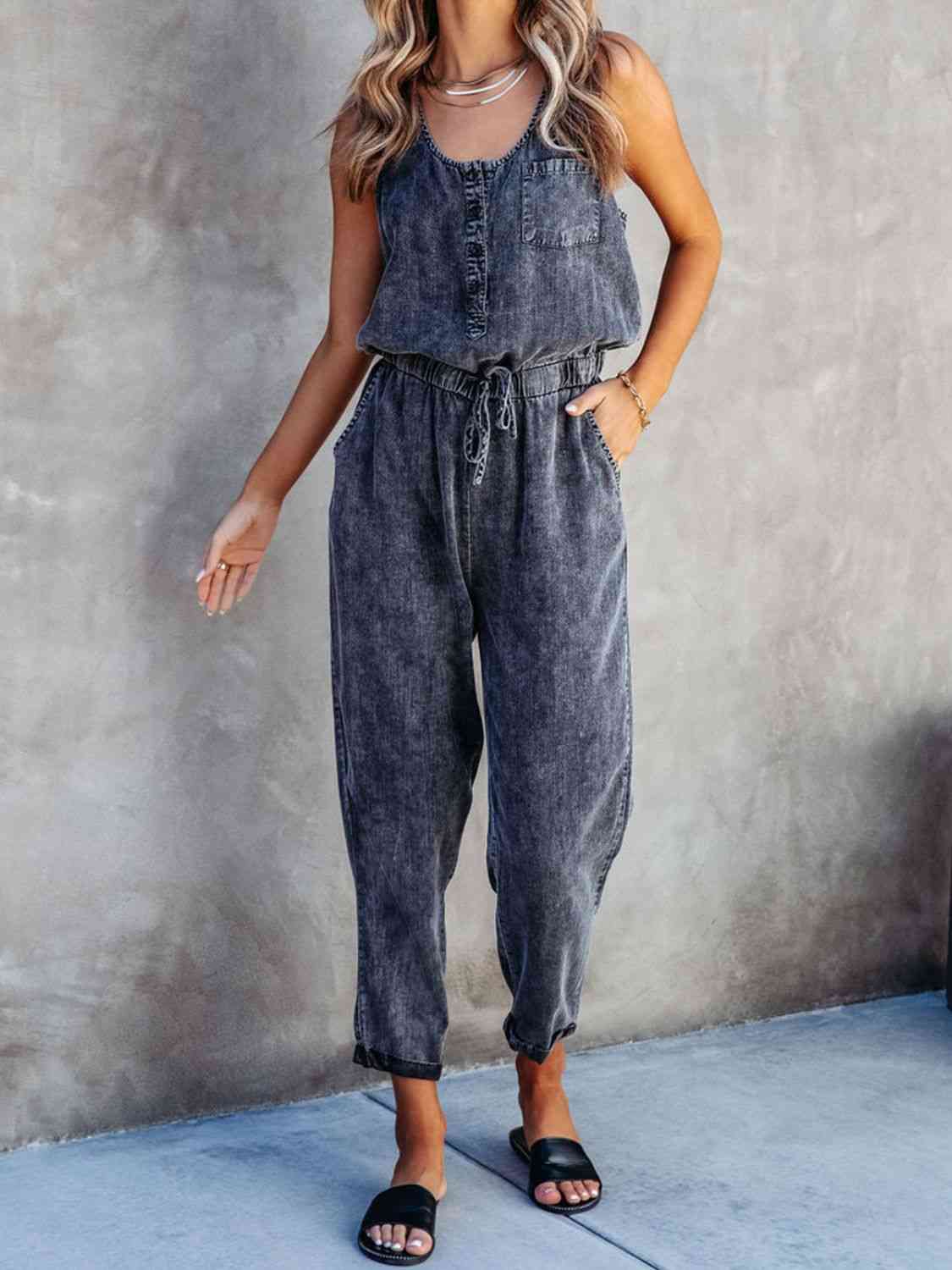 Drawstring Waist Sleeveless Jumpsuit - Athleuse