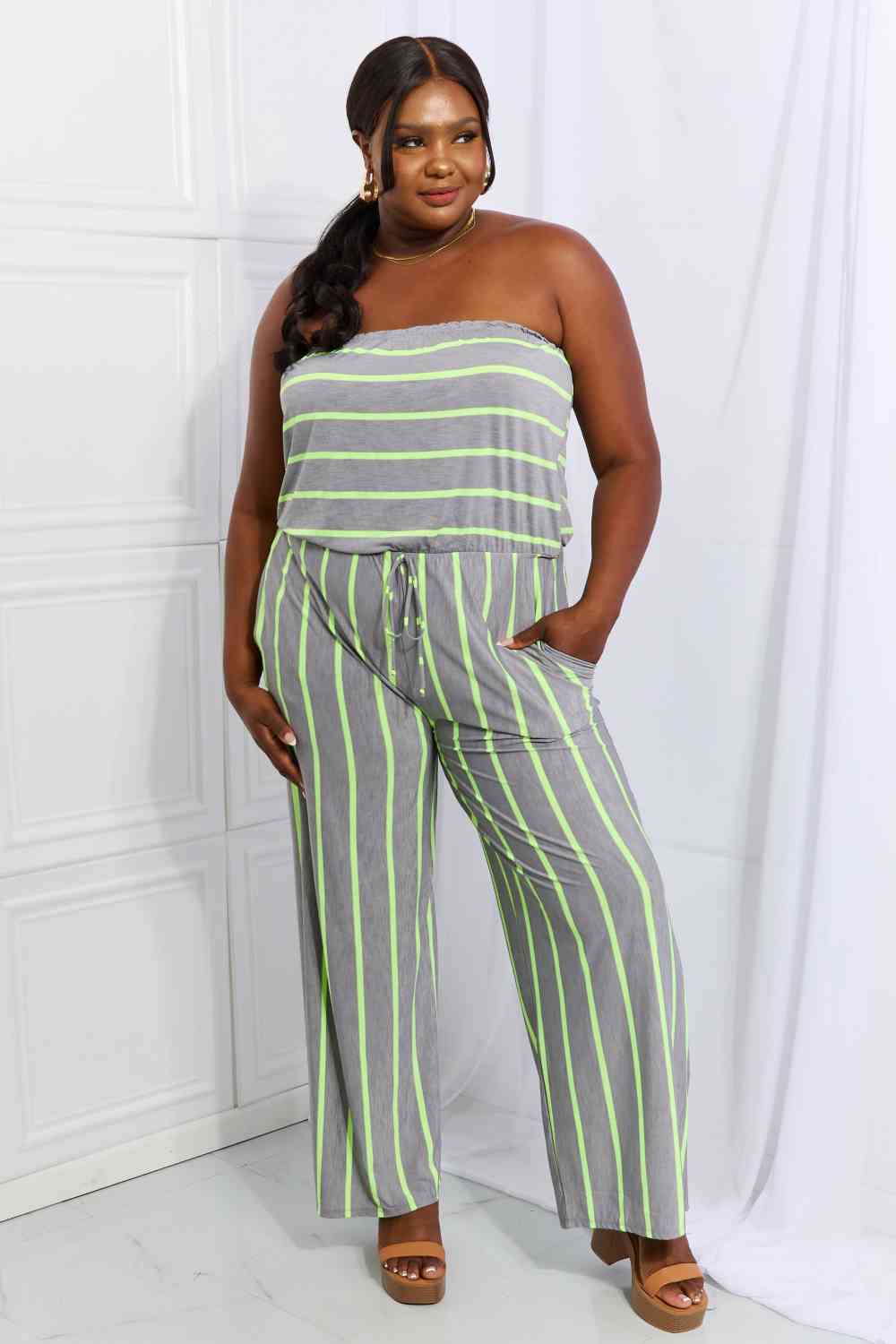 Sew In Love Pop Of Color Full Size Sleeveless Striped Jumpsuit - Athleuse