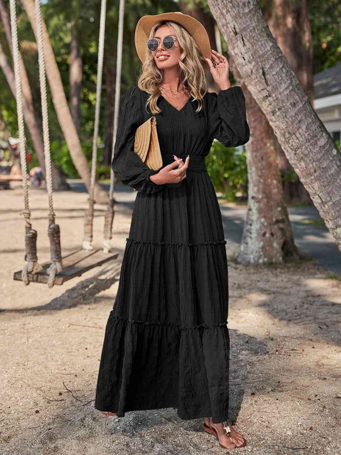 Smocked Waist V-Neck Maxi Dress - Athleuse