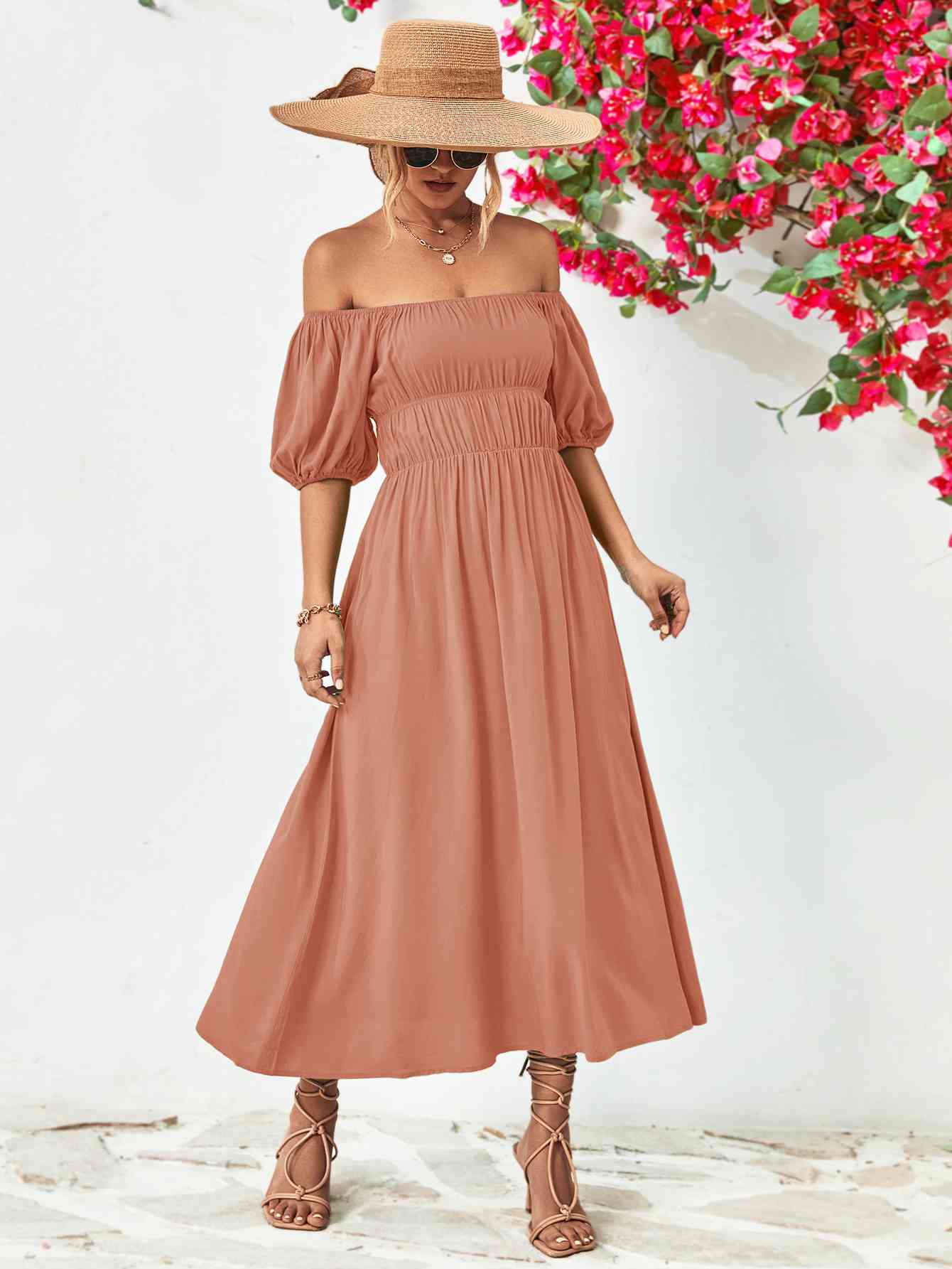 Off-Shoulder Balloon Sleeve Midi Dress - Athleuse