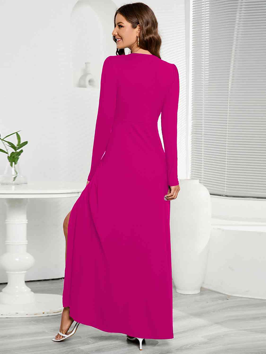 V-Neck Long Sleeve Split Dress - Athleuse