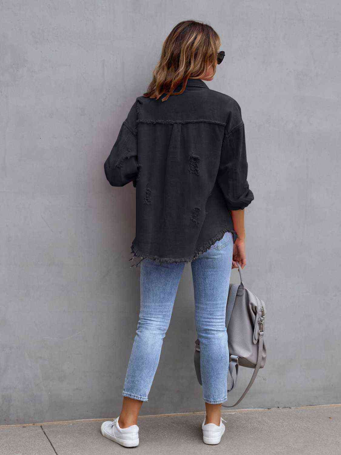 Distressed Drop Shoulder Denim Jacket - Athleuse