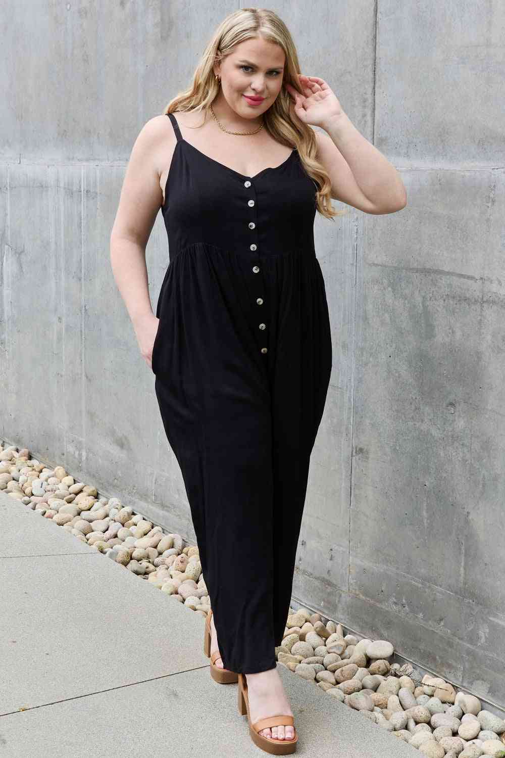 HEYSON All Day Full Size Wide Leg Button Down Jumpsuit in Black - Athleuse