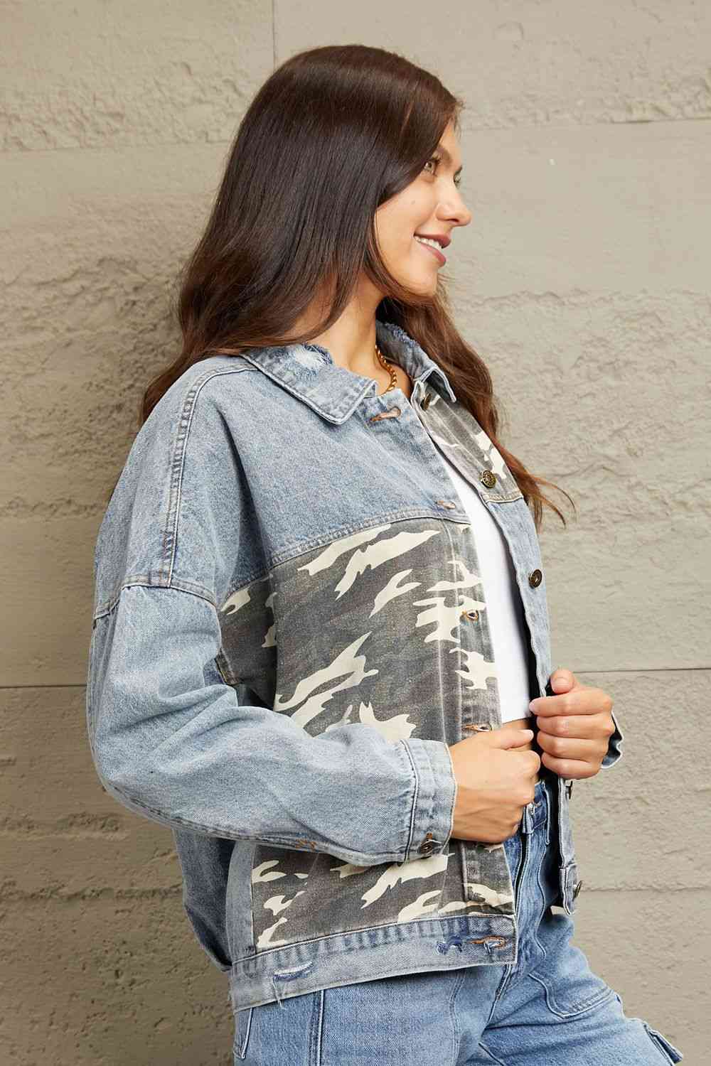 GeeGee Full Size Washed Denim Camo Contrast Jacket - Athleuse