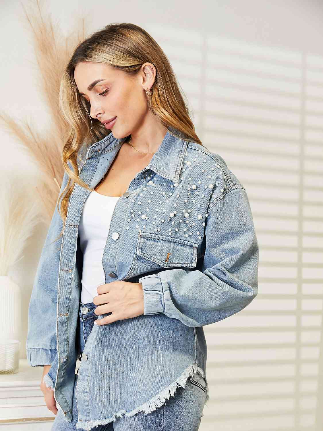 Collared Neck Raw Hem Dropped Shoulder Denim Jacket - Athleuse