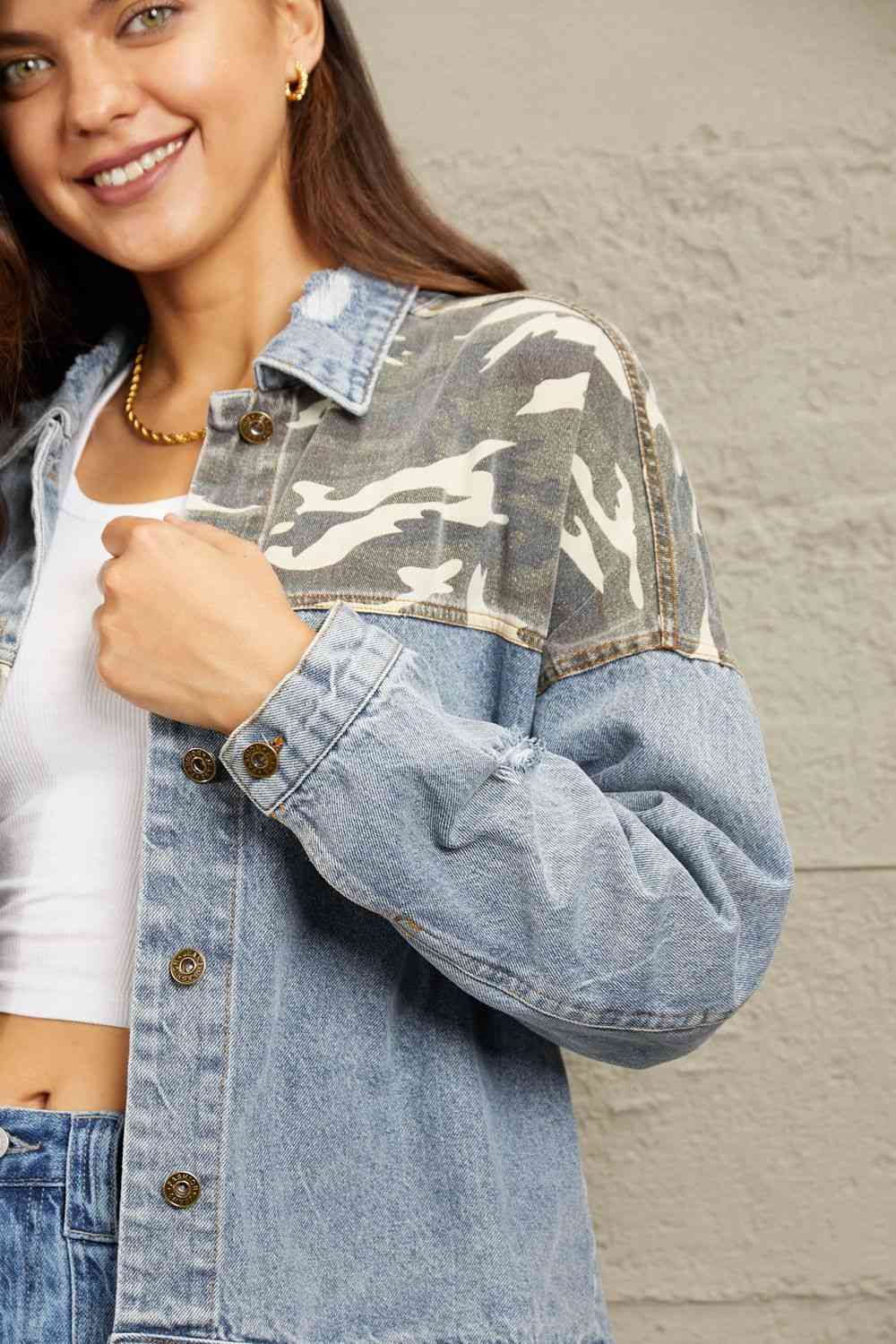 GeeGee Full Size Washed Denim Camo Contrast Jacket - Athleuse