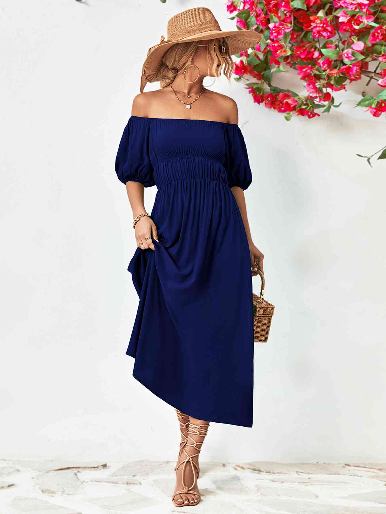 Off-Shoulder Balloon Sleeve Midi Dress - Athleuse