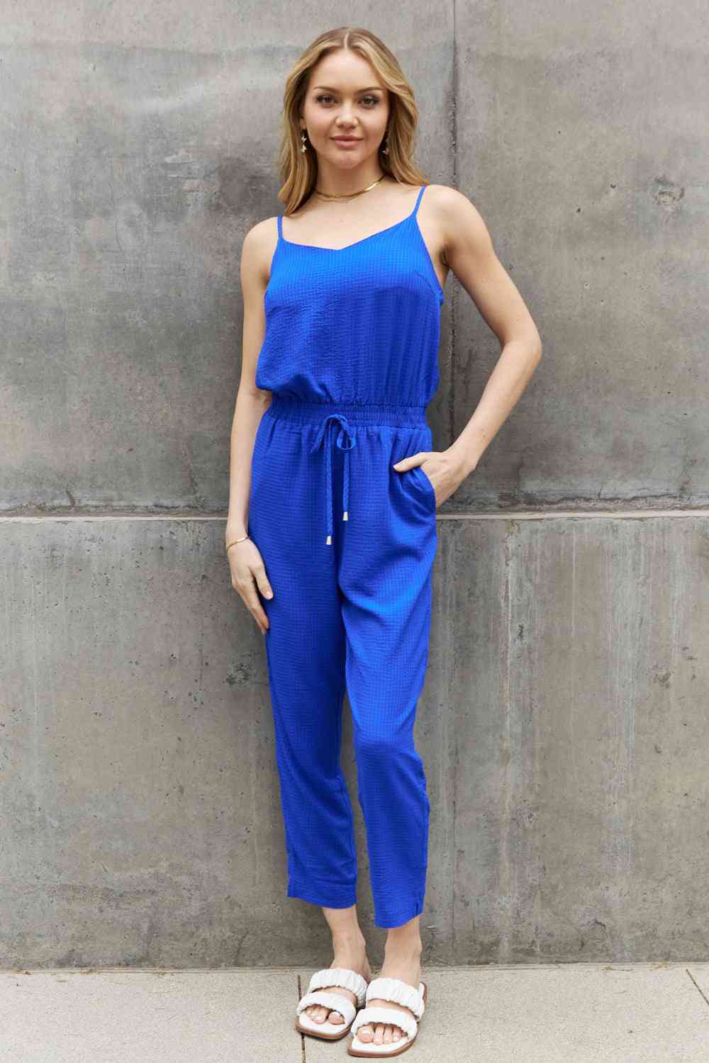 ODDI Full Size Textured Woven Jumpsuit in Royal Blue - Athleuse