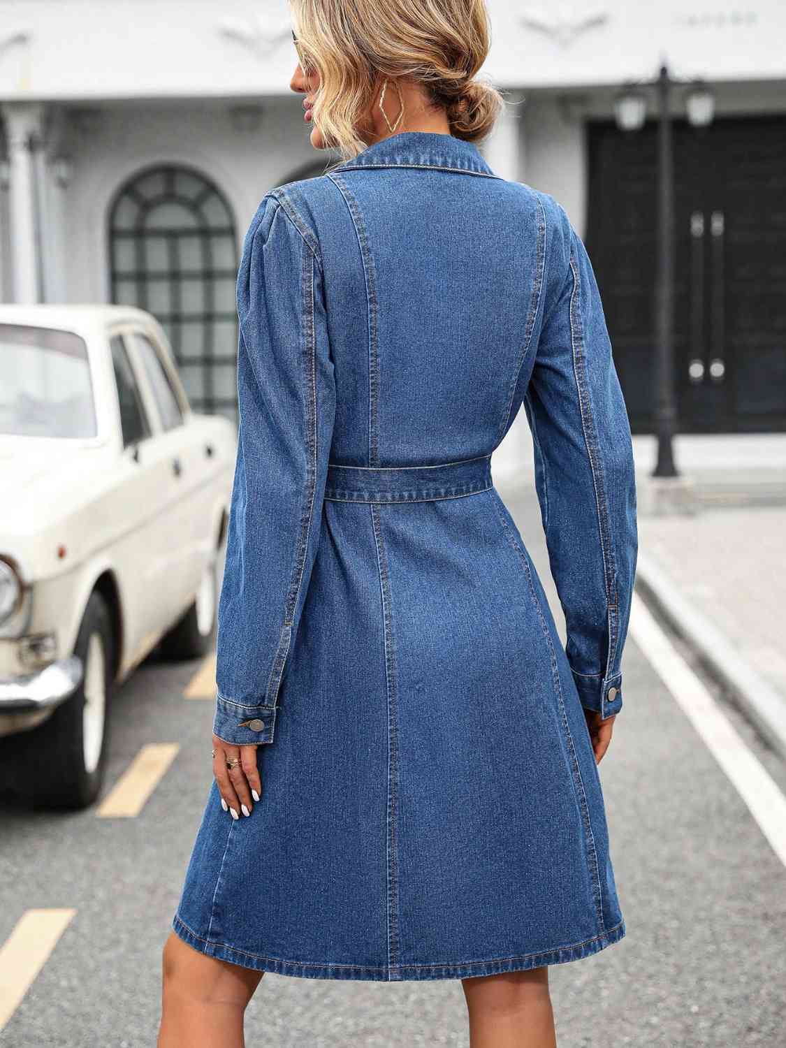 Button Down Long Sleeve Denim Dress - Athleuse