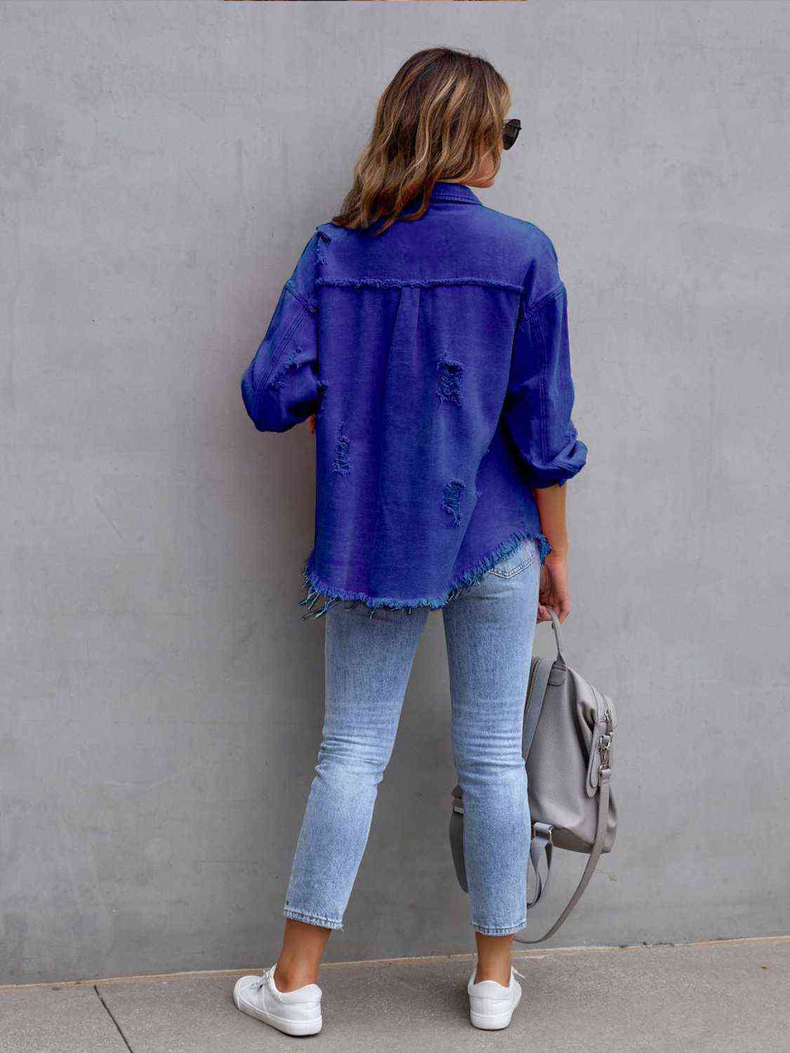 Distressed Drop Shoulder Denim Jacket - Athleuse