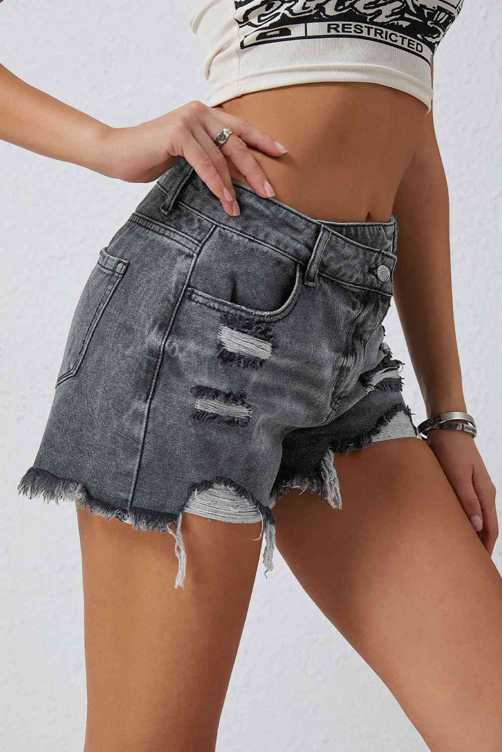 Asymmetrical Distressed Denim Shorts - Athleuse