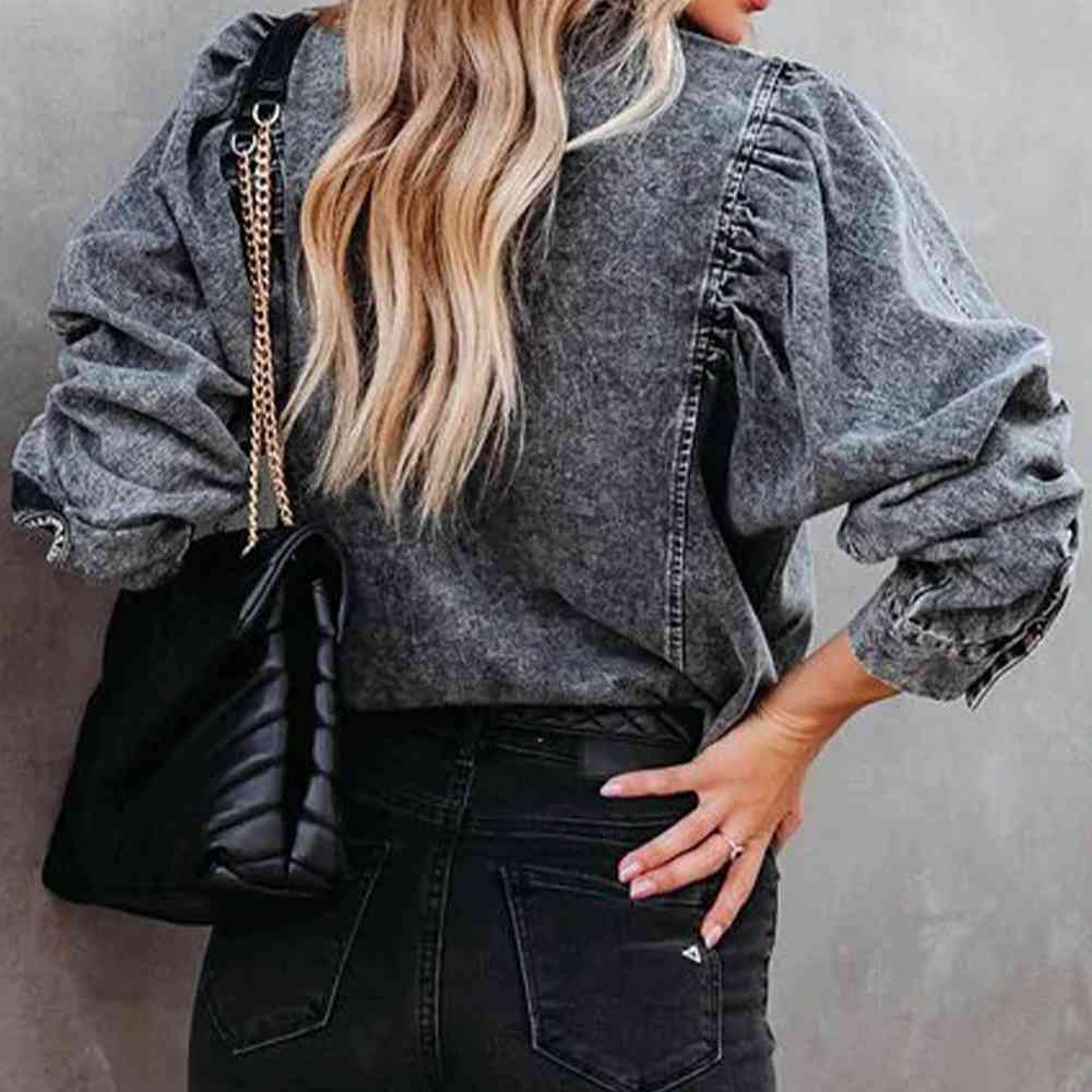 Collared Neck Buttoned Denim Shirt - Athleuse