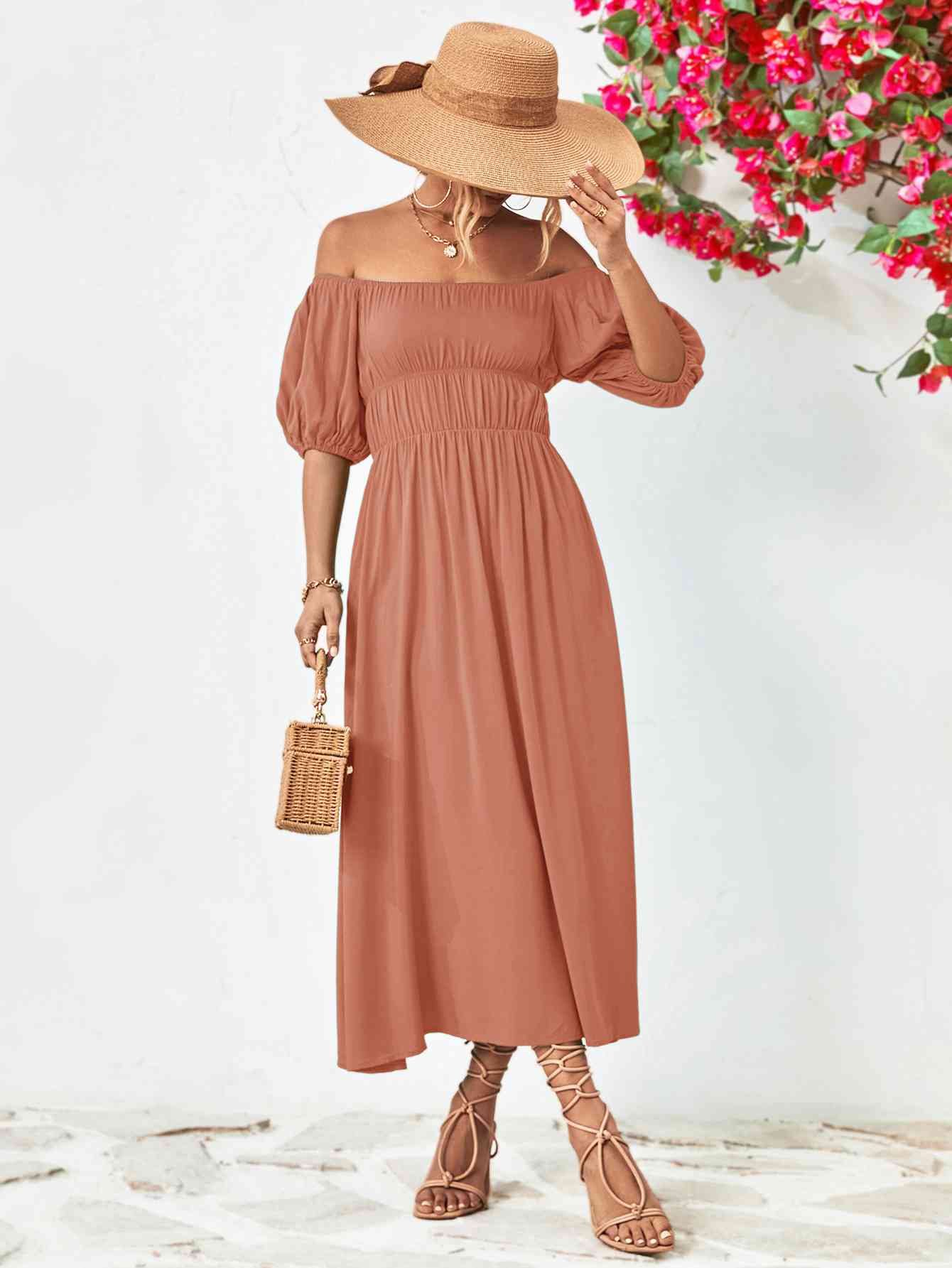 Off-Shoulder Balloon Sleeve Midi Dress - Athleuse