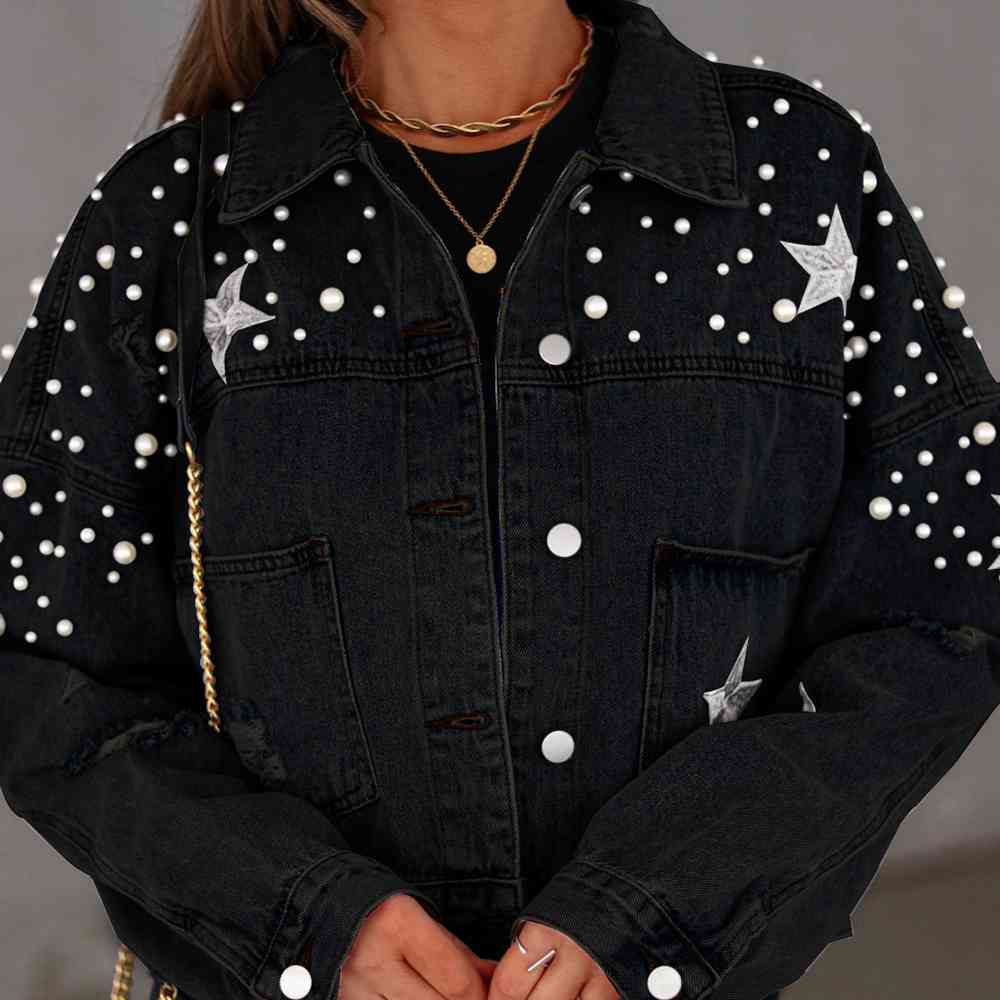 Bead Detail Denim Jacket - Athleuse