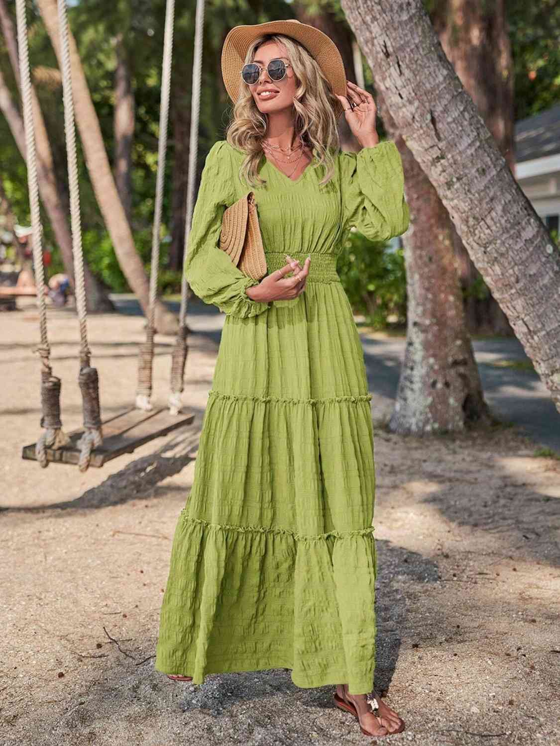 Smocked Waist V-Neck Maxi Dress - Athleuse