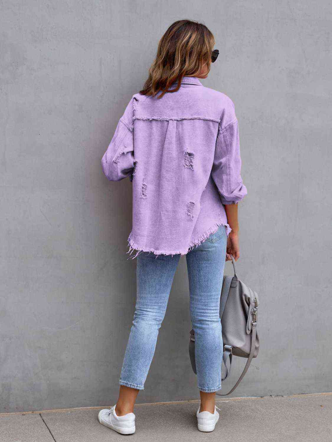 Distressed Drop Shoulder Denim Jacket - Athleuse