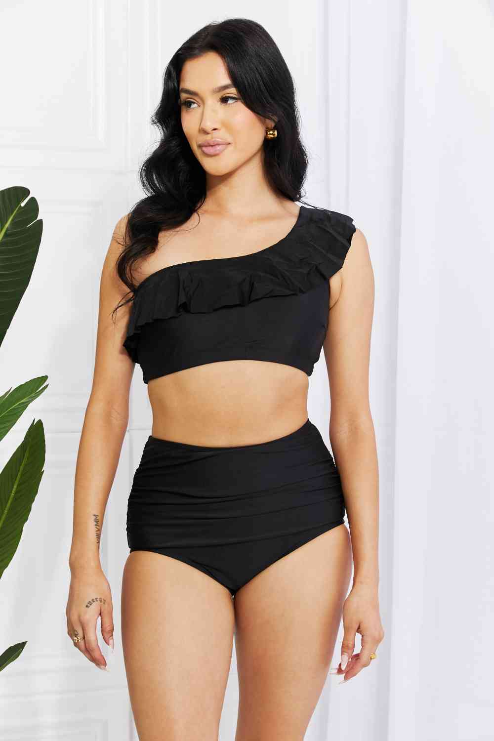 Marina West Swim Seaside Romance Ruffle One-Shoulder Bikini in Black - Athleuse