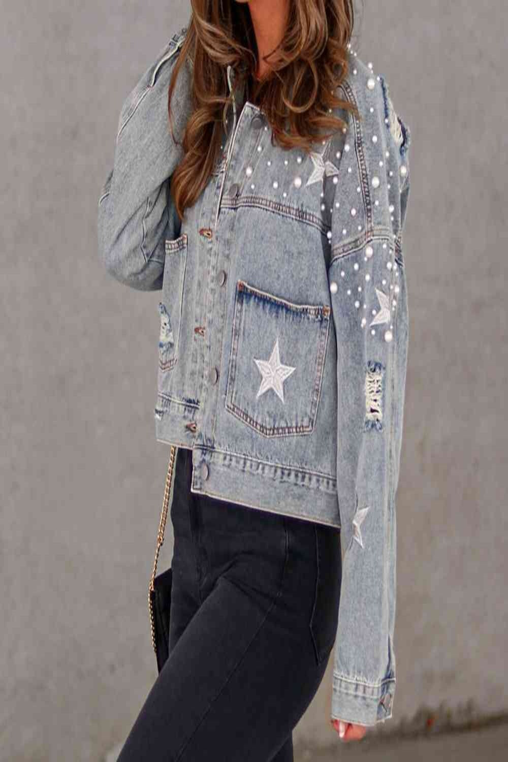 Bead Detail Denim Jacket - Athleuse