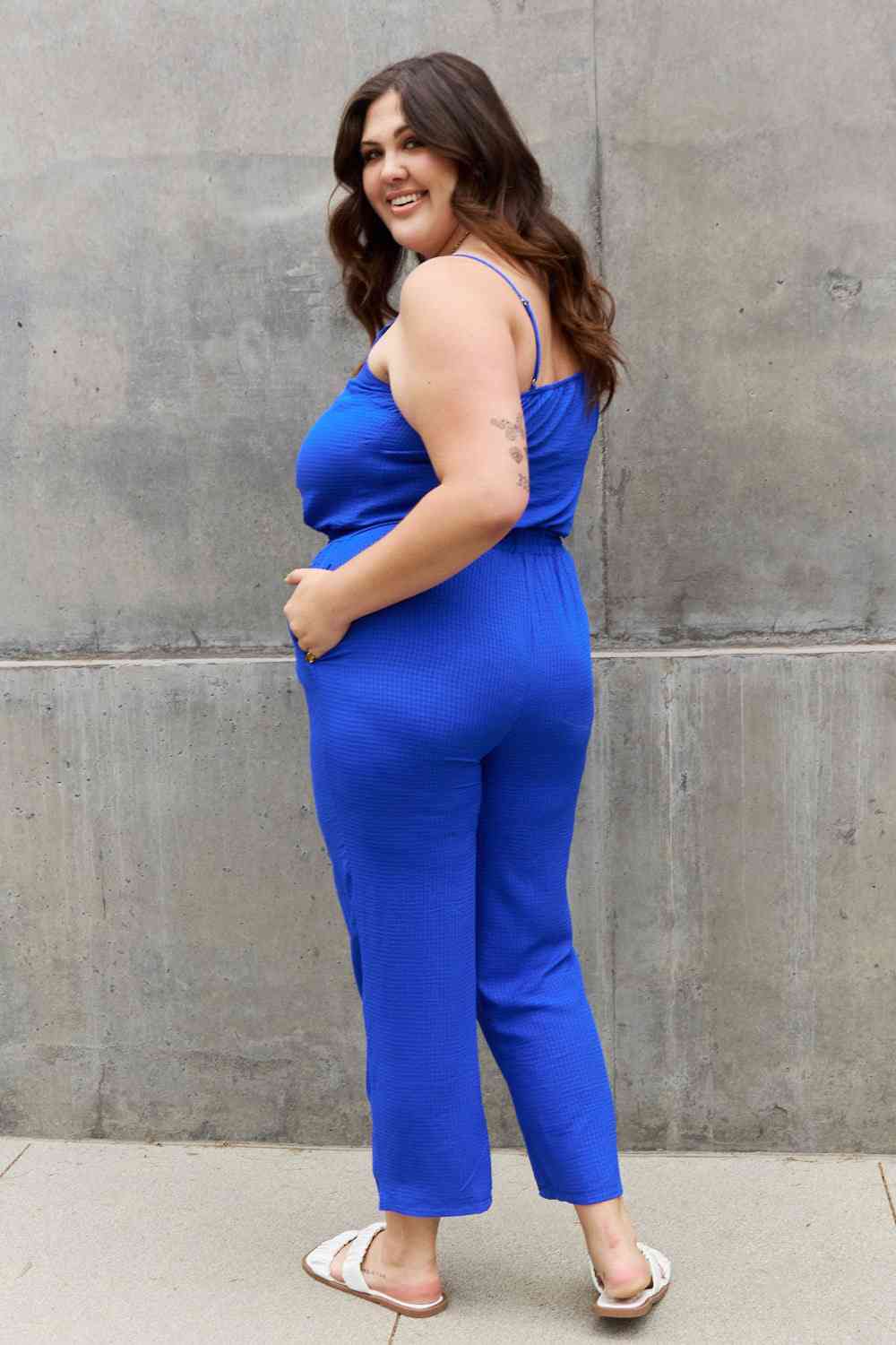 ODDI Full Size Textured Woven Jumpsuit in Royal Blue - Athleuse