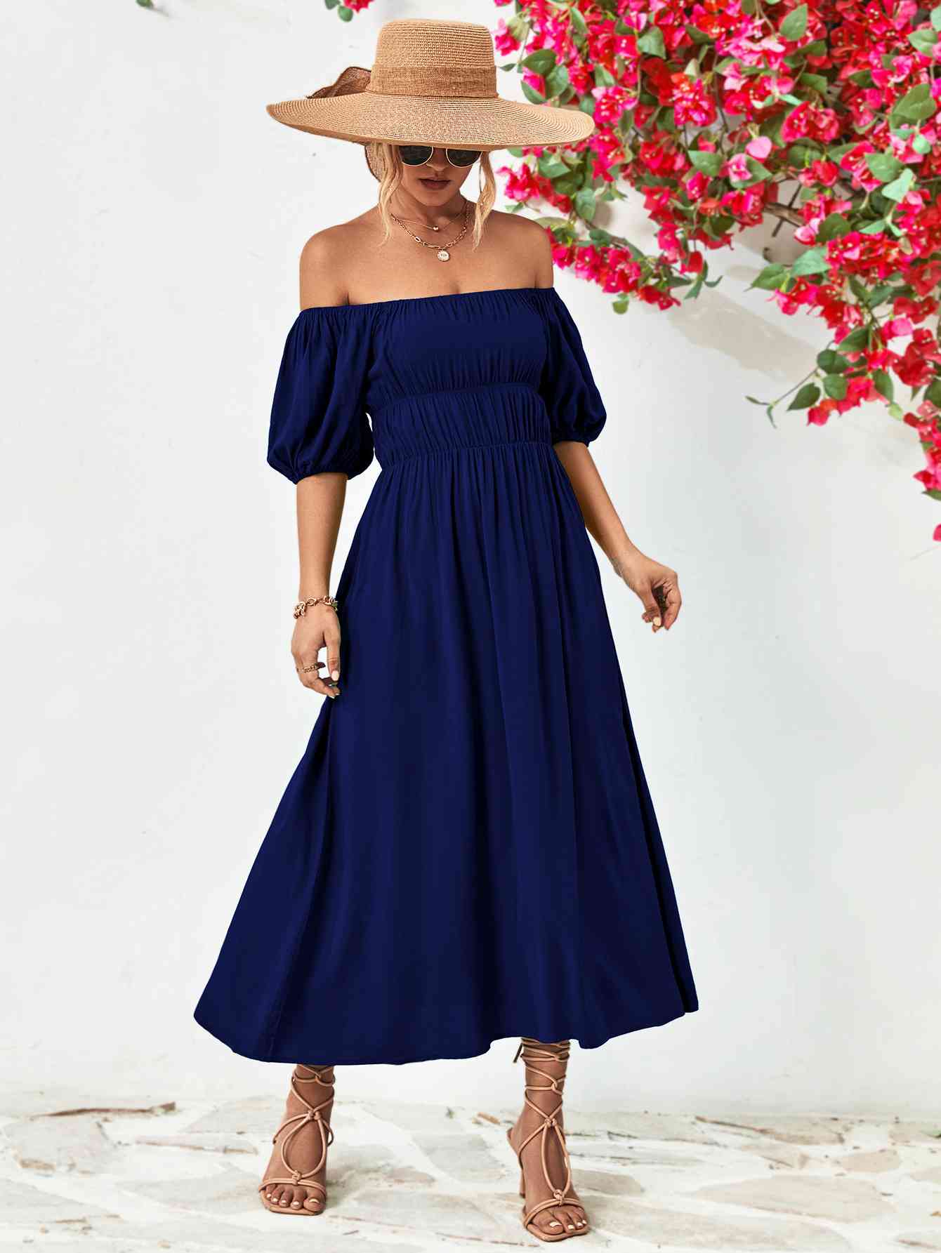 Off-Shoulder Balloon Sleeve Midi Dress - Athleuse