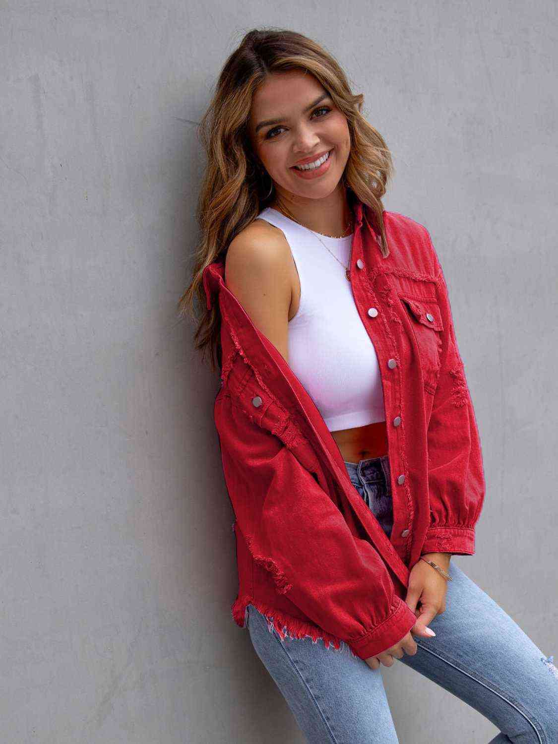 Distressed Drop Shoulder Denim Jacket - Athleuse