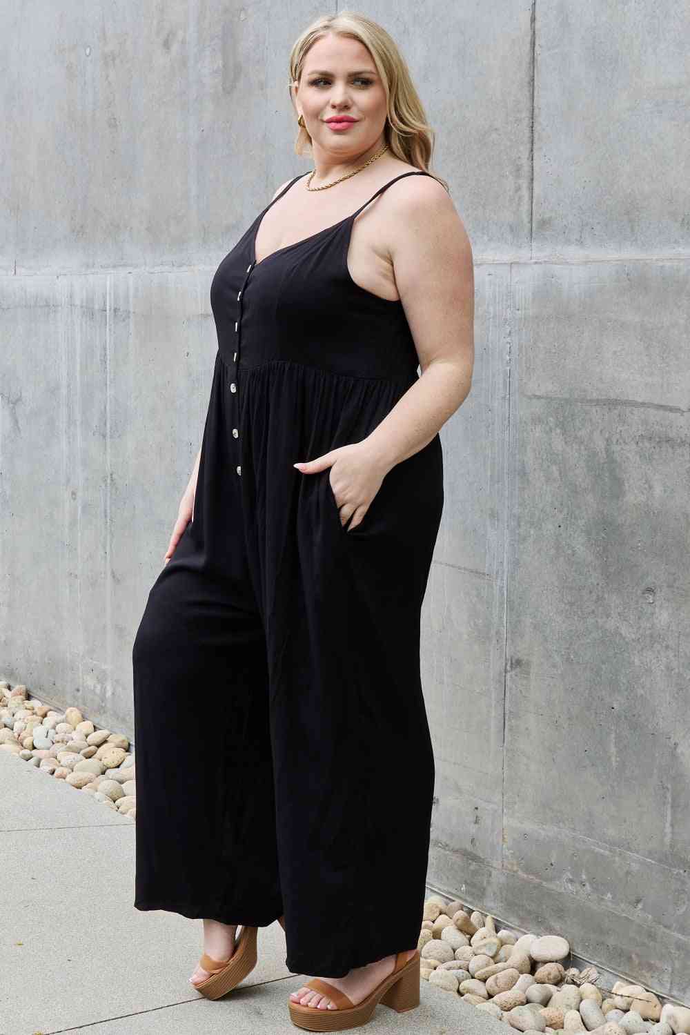 HEYSON All Day Full Size Wide Leg Button Down Jumpsuit in Black - Athleuse