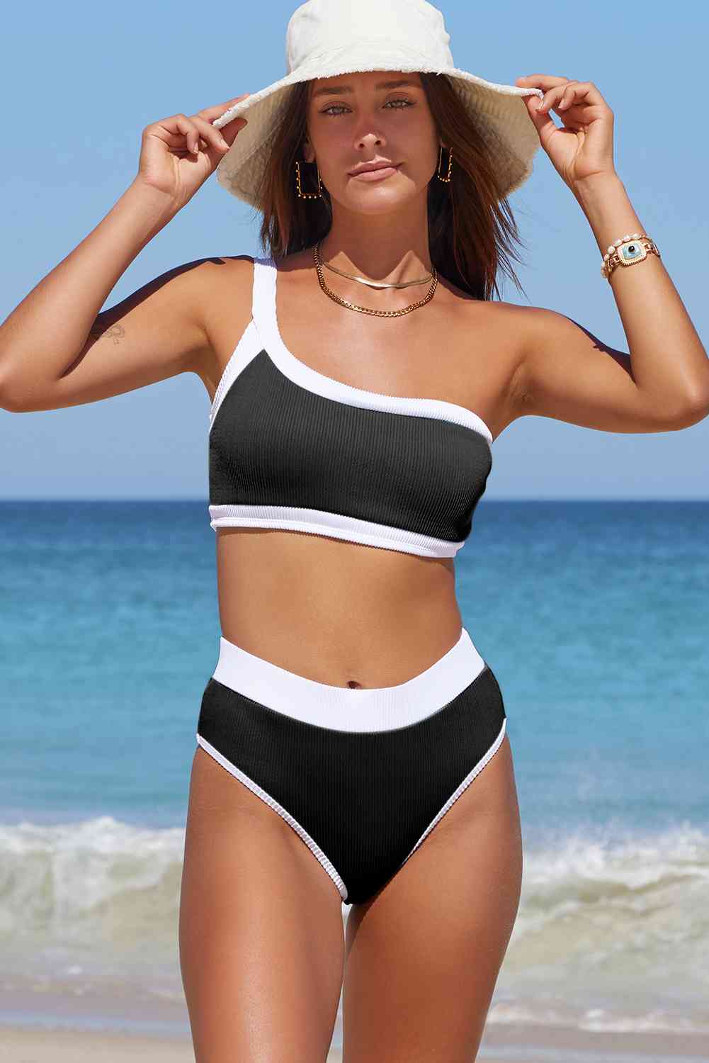 contrast-trim-ribbed-one-shoulder-bikini-set - Athleuse