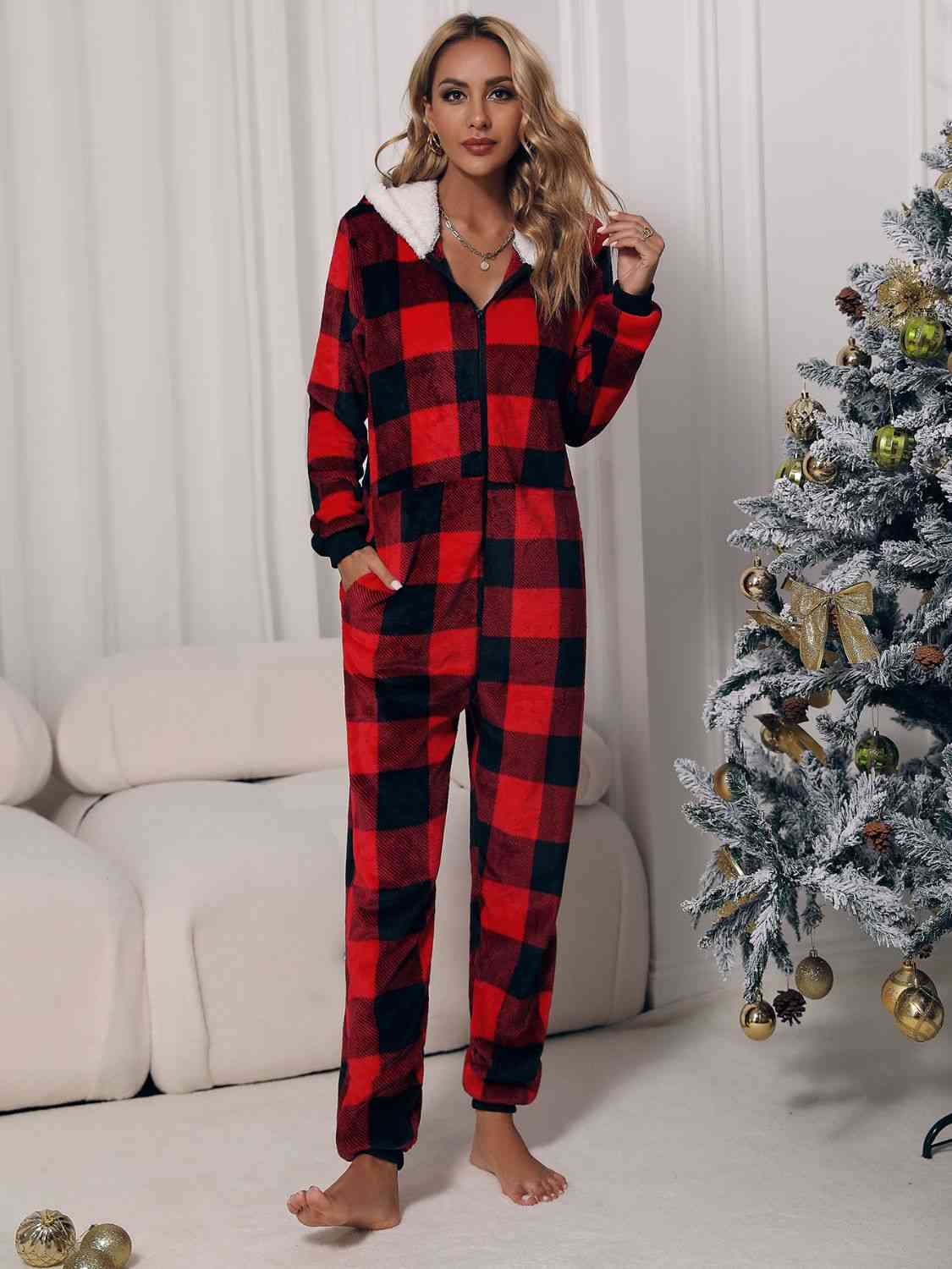 Plaid Zip Front Long Sleeve Hooded Lounge Jumpsuit - Athleuse