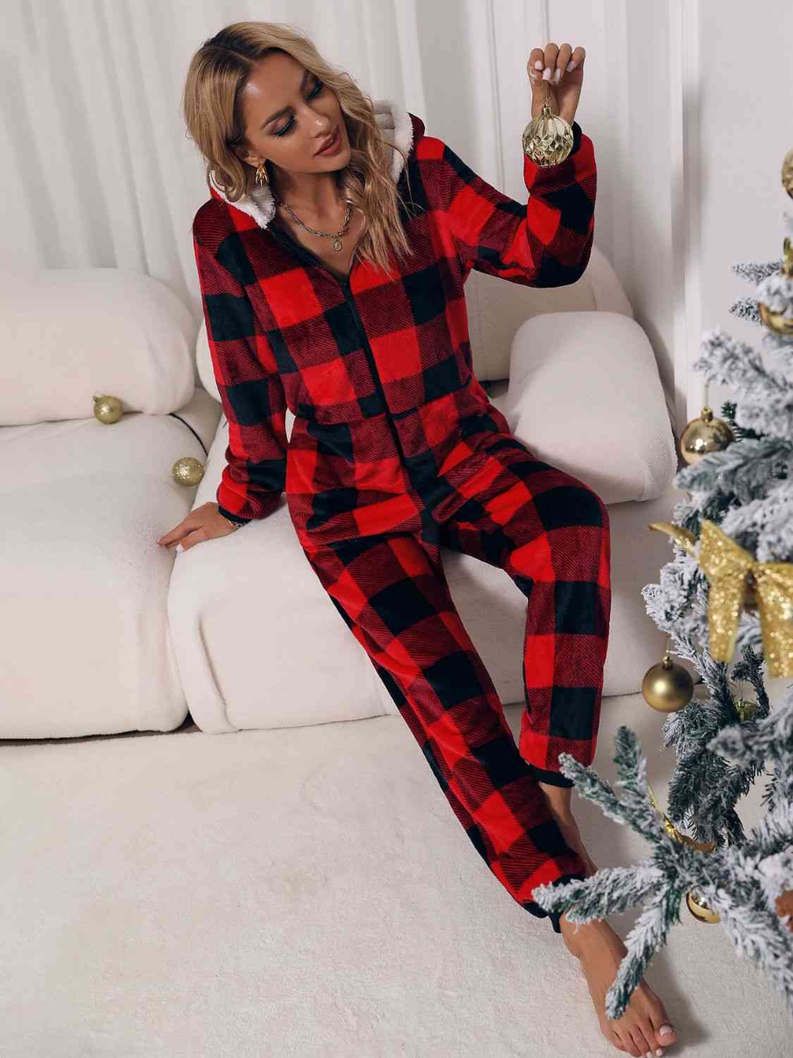 Plaid Zip Front Long Sleeve Hooded Lounge Jumpsuit - Athleuse