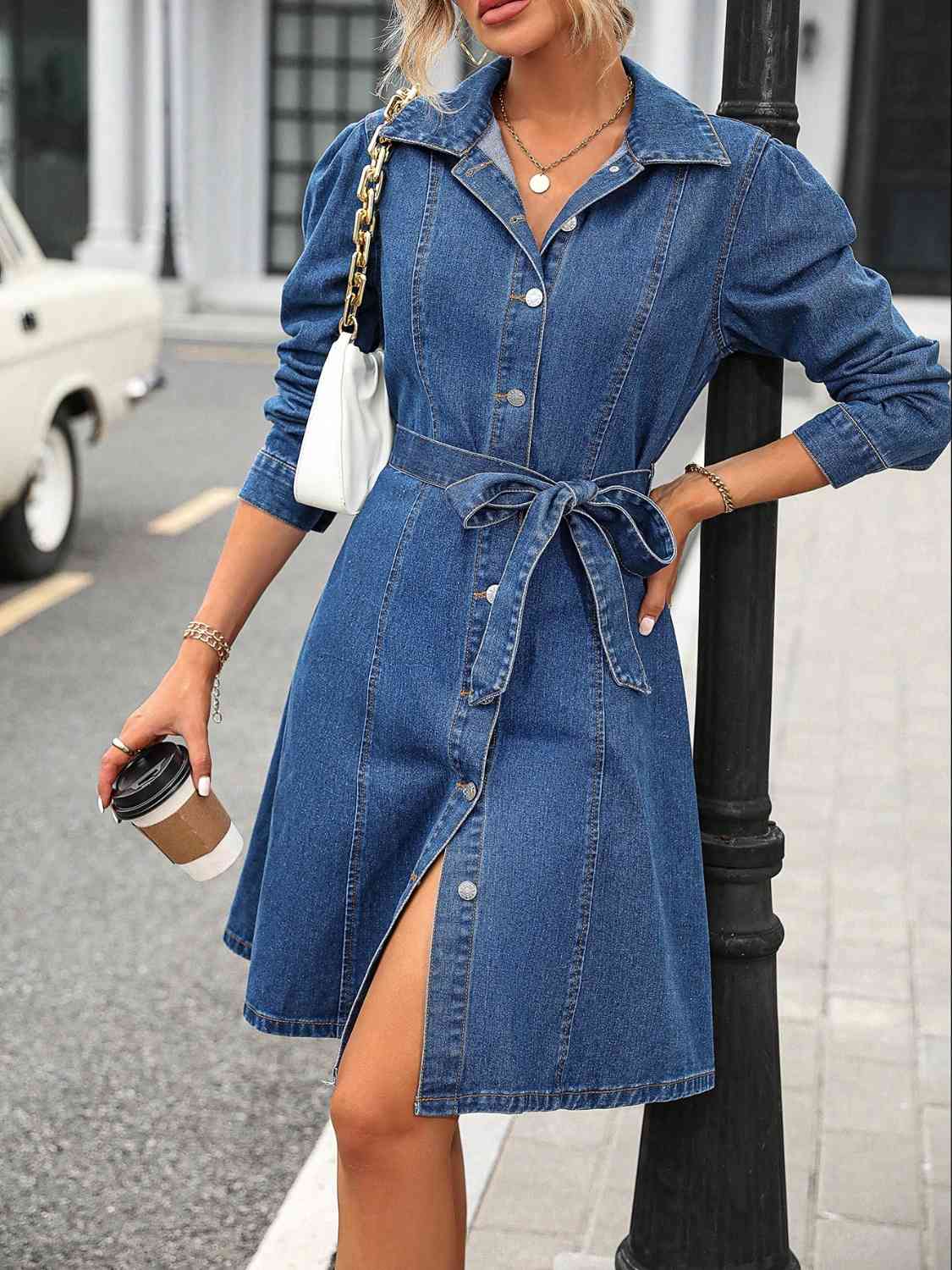 Button Down Long Sleeve Denim Dress - Athleuse