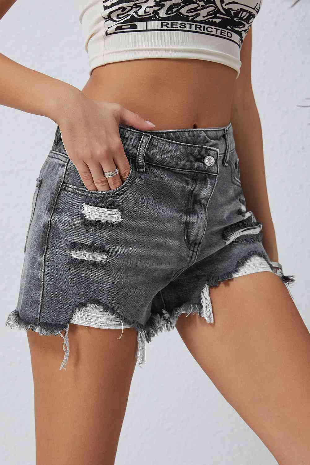 Asymmetrical Distressed Denim Shorts - Athleuse