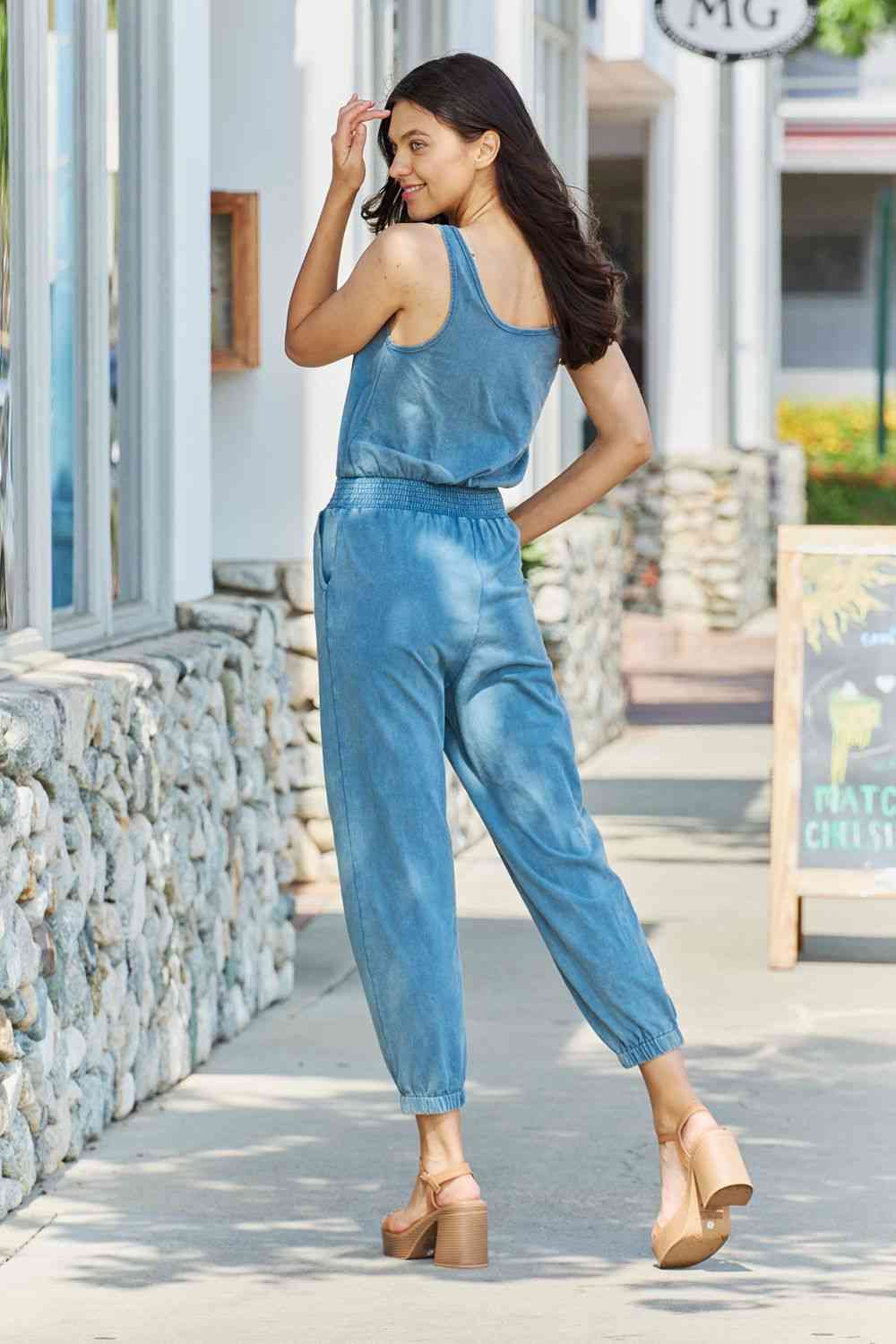 ODDI Full Size Acid Wash Casual Jumpsuit - Athleuse